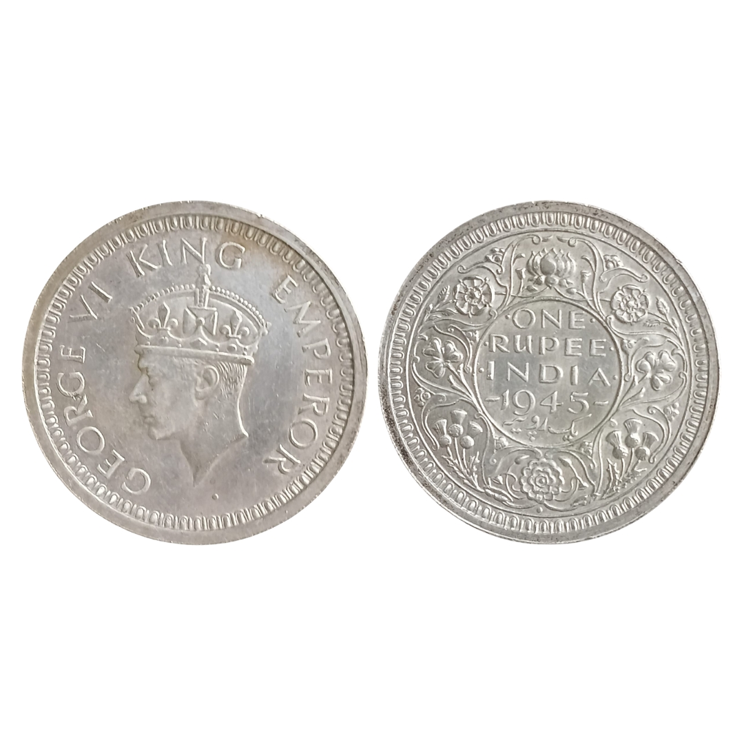 1945 British India One Rupee Silver Coin – George VI – Almost UNC