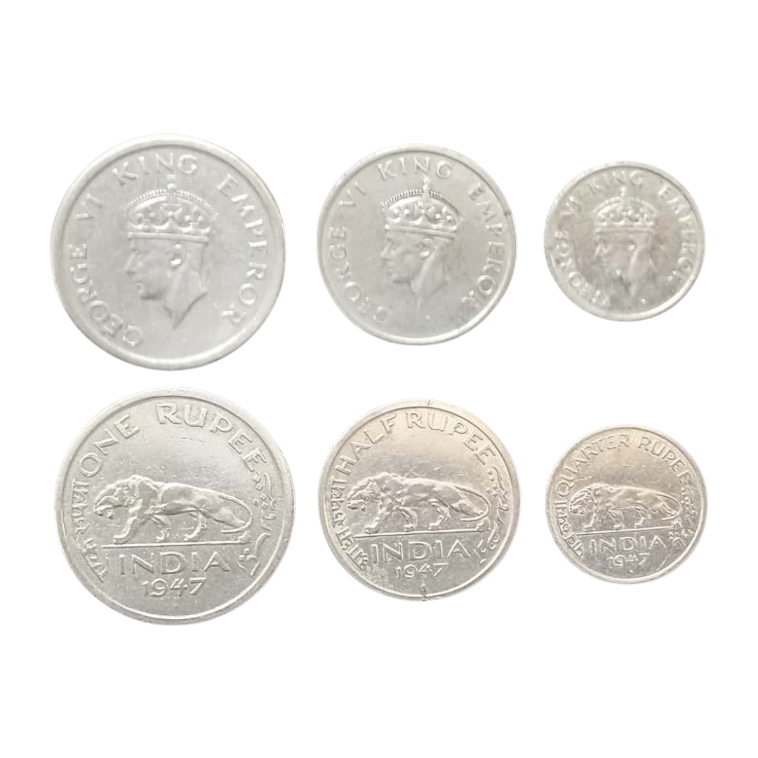 Set of Three Indian Coins – One Rupee, Half Rupee & Quarter Rupee (1947)