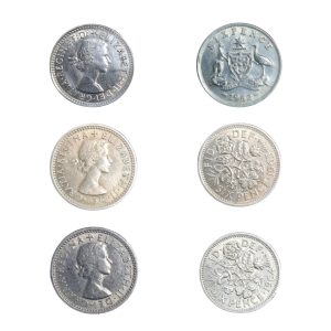 Combo Set of 3 Six Pence Coins – Queen Elizabeth II (1962, 1963, 1964) – United Kingdom & Australia – $12