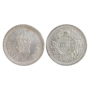 1945 British India One Rupee Silver Coin – George VI – Almost UNC
