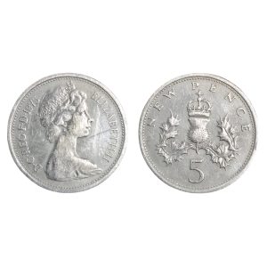 1970 Five New Pence – Queen Elizabeth II – CuNi – $5