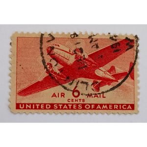 USA 1940s Air Mail Stamp – DC-4 Skymaster (Red), $25 Denomination